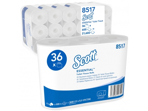 Рулонная туалетная бумага Scott® Essential™ Standard — 36 рулонов x 600 листов белой двухслойной бумаги (итого 21 600 шт.)