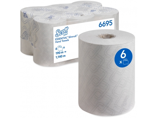 Scott® Essential™ Slimroll™, Рулонные бумажные полотенца для рук, 6 рулонов x 190 м белой бумаги (всего 1140 м)