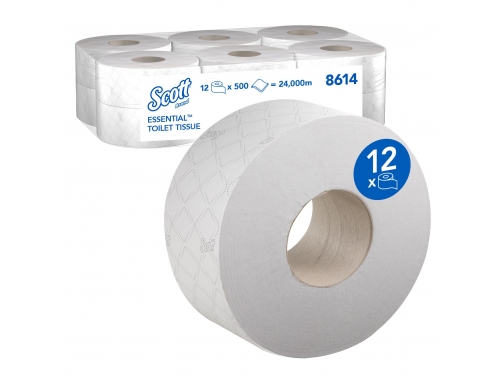 Туалетная бумага в рулонах Scott® Essential™ Jumbo Roll, двухслойная туалетная бумага, 12 рулонов x 500 листов белой туалетной бумаги (итого 2400 м)