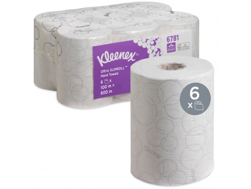 Рулонные бумажные полотенца Kleenex® Ultra™ Slimroll™, двухслойные полотенца для рук, 6 рулонов x 100 м белой бумаги