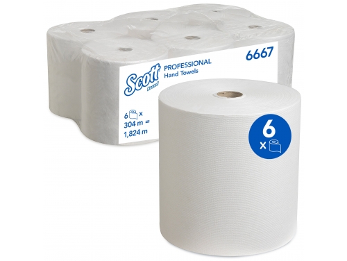 Scott®, Рулонные полотенца для рук, 6 x 304 м белой однослойной бумаги